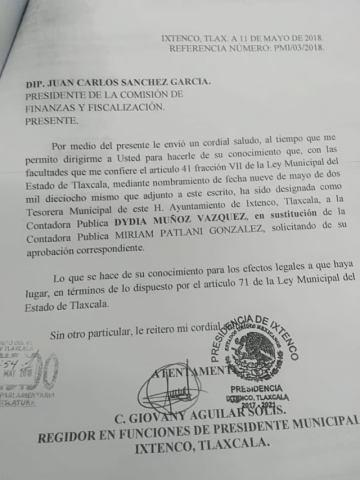 Alcalde suplente de Ixtenco designa nueva tesorera